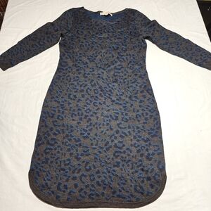 LOFT Blue and Gray Patterned Long Sleeve Dress
